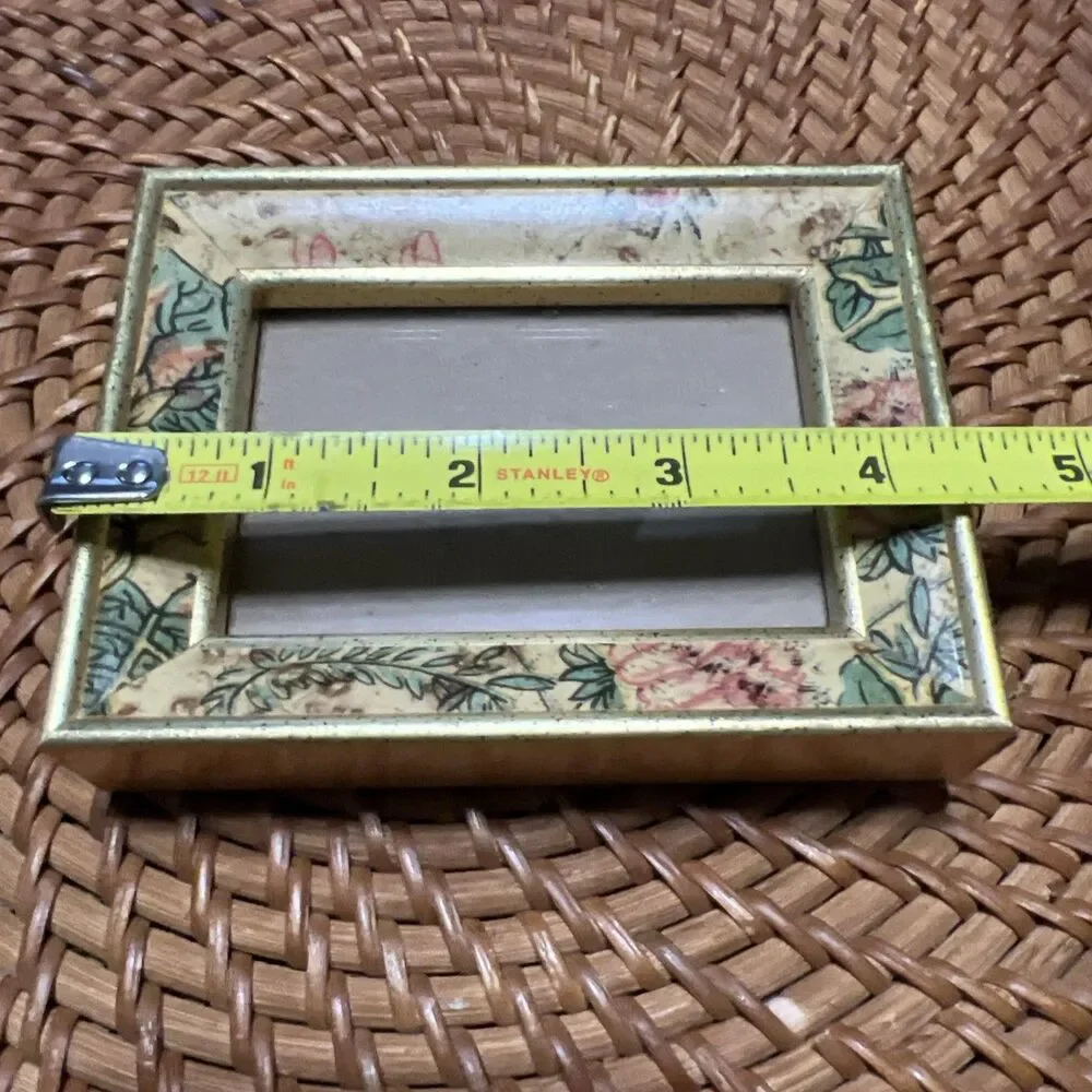 Vintage Gold and Floral Wooden Photo Frame Opening 2x3”